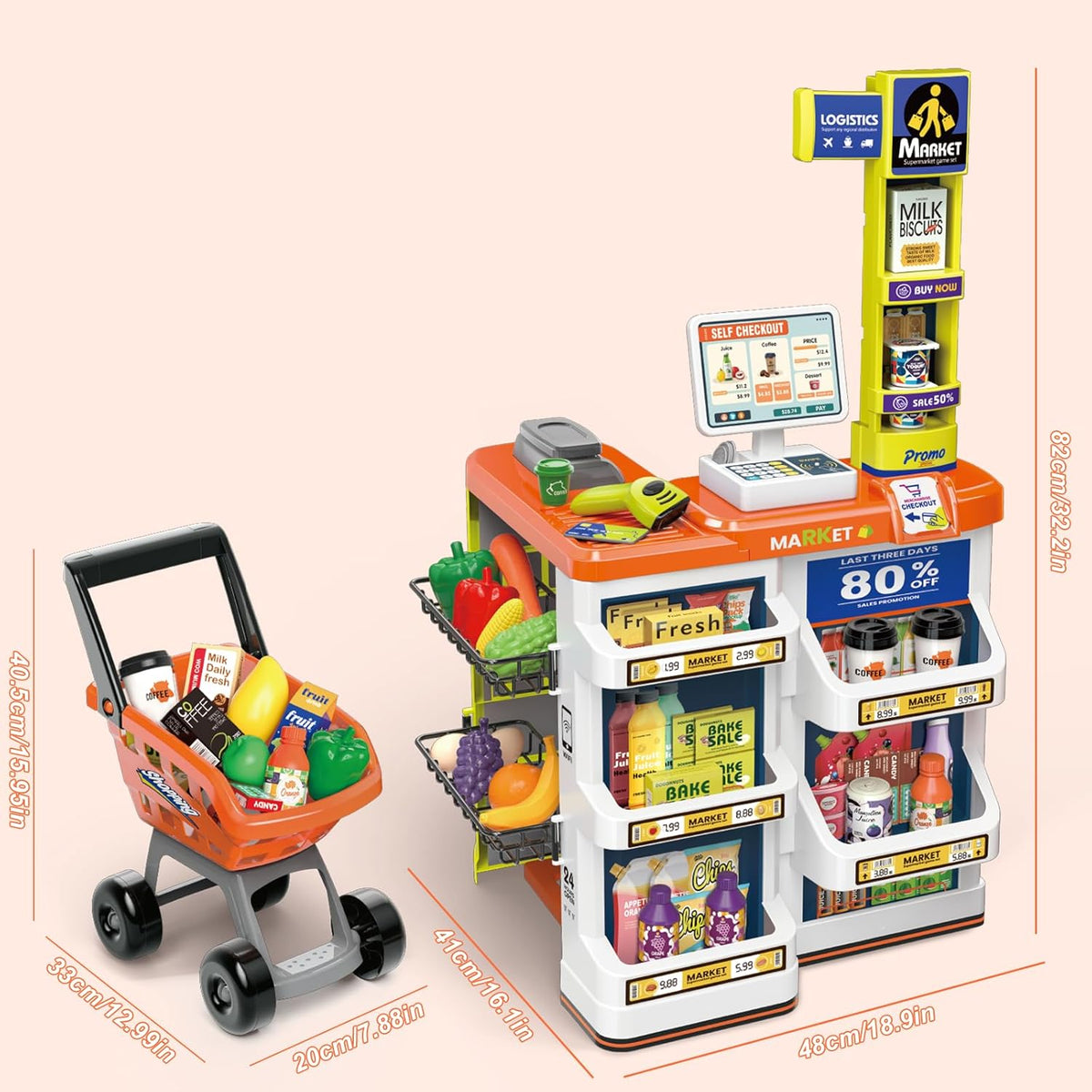 🛒 Supermarket Play Set for Kids (60 pcs) – Shop, Scan & Play! 🧃🍎